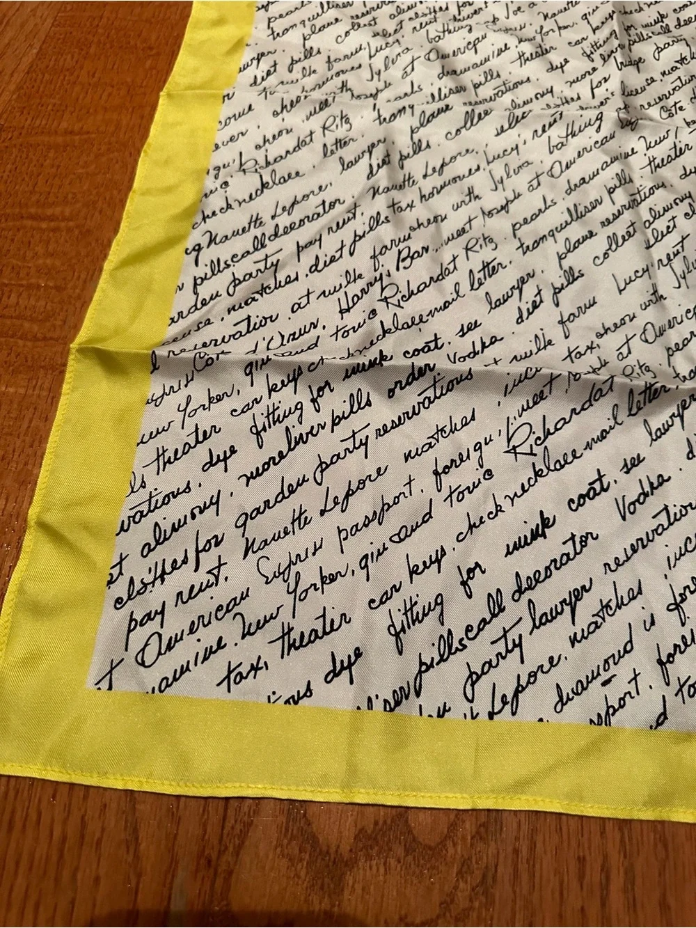 Nanette Lepore Script Print Square Scarf Yellow Black White Silk Feel 20x20